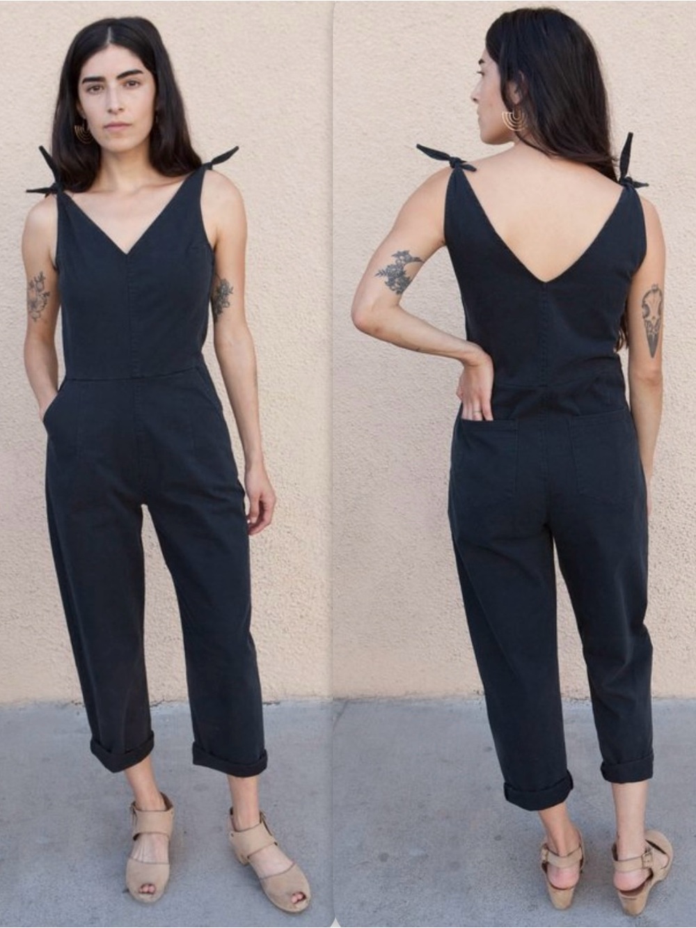 Loup Tie-Shoulder V-Neck Charcoal Black Jumpsuit Overalls XS